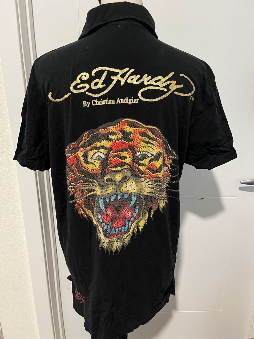 Y2K Ed Hardy Black Tiger Embellished Bling Graphic Collar Polo Shirt 2000’s